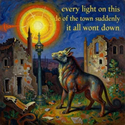 bright dramatic lighting colorful surrealist symbolist oil painting titled'every light on this side of the town suddenly it all went down ', magical realism symbolist, ruined city landscape with hybrid animal protagonist, painted by arnold bocklin and odilon redon and max ernst, shocking detail trending on artstation 8 k