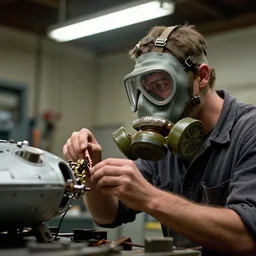 Movie Still Upclose of a factory worker wearing a gas mask while repairing an alien spacecraft in his garage by Greg Rutkowski, Thomas Kinkade