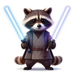 a raccoon dressed as a jedi with a light saber