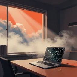 editorial illustration by karolis strautniekas and mads berg, office interior, broken laptop screen, window, liquid clouds, fog, red orange black blue beige, fine texture, detailed, muted colors, film noir, dramatic lighting, dynamic composition, vivid, matte print, wide angle, ( ( sunbeams ) ), moody, studio lighting, smoke
