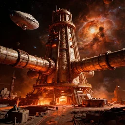 a warm colours, high contrast dark hyperreal deep space dock mining platform with massive piping inspired by nuclear reactor core, peter elson, millennium falcon space - station vuutun palaa submarine, ilm, beeple, star citizen halo, mass effect, starship troopers, elysium, the expanse, iron smelting pits, high tech industrial, dramatic nebula sky, volumetric lighting