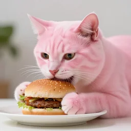 photo of a pink cat eating a hamburger