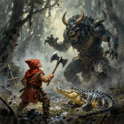 dwarf with battle axe fights the alligator demon in misty swamp, illustration painting, frank frazetta daarken