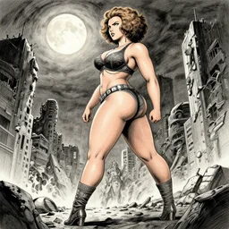 realistic, elegant, intricate detail, plus size, thicc, scarlett johansson, afro samurai anime style, full body profile, dynamic wide angle lens, manga style, by rey bustos and greg rutkowski, pencil and ink, full moon lighting, fully clothed, hot pants, in a post apocalyptic city, dramatic lighting,