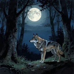 un lupo nella foresta di notte guarda la luna, Bernie Wrightson