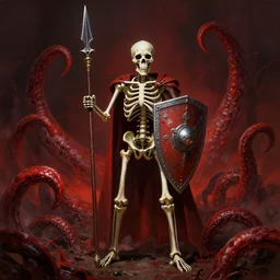 concept art of skeleton holding a medieval shield and spear, d & d surrounded by red evil death tentacles, hyper detailed, hyper realistic, dark atmosphere, full body, full frame in the style of frank frazetta