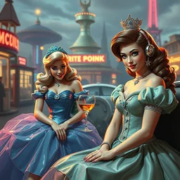 atompunk disney princess friends by gil elvgren and olivia de berardinis and fritz willis, cyberpunk, hyperrealism, highly detailed