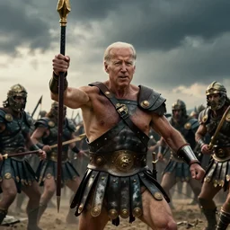 cinematic film still of joe biden as leonidas charging into battle in 3 0 0 movie, 8 k, epic moody sky, dramatic lighting
