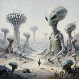 a beautiful alien landscape with strange life forms, high realistic high detailed painting by Thomas Kinkade and Van Gogh
