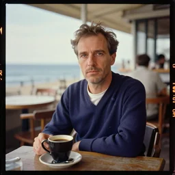 kodak portra 4 0 0, wetplate, 2 0 0 mm lens, 1 9 3 0 s colour portrait of a coffee house by the sea by saul leiter, insanely detailed, insanely intricate, depth of field, blueberry