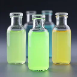 fluorescent liquids in glass bottles