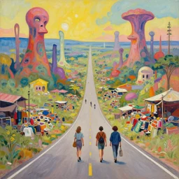 Why am I me when I could have been anyone else? Introspective meandering, a vibrant gouache fantasy painting, walking along the endless road through an unusual biome. Natural palette, Unearthly landscape. Realistic photography. A small traveling group of friends in a dream-like world. I've been to this market before, it wasn't such a junkyard in the past.