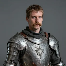 realistic still of a man with a moustache wearing medieval Armor. Highly detailed portrait