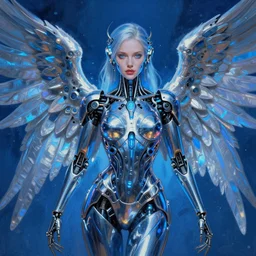 formal portrait of beautiful cybernetic angel, painted by jesper ejsing. fantasy, sci - fi, neon blue and chrome, metal angel wings, glowing eyes, intricate detail, cinematic, vivid color scheme, artstation