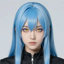 full face shot of rimuru tempest, sky blue straight hair, long bangs, with amber eyes, gold eyes, blue eyelashes, wearing a black jacket, high collar, ultra detailed, concept art, award winning photography, digital painting, cinematic, wlop artstation, closeup, pixiv, evil, yoshitaka amano, andy warhol, ilya kuvshinov,
