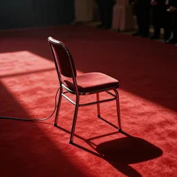 a red carpet floor. a chair sits off to one side. the chair has wires extending offscreen.