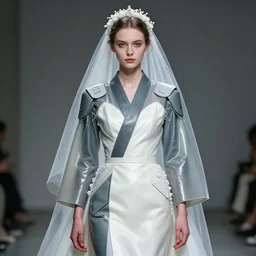 a digital portrait of an european girl detailed features wearing a cyber kimono latex suit wedding dress - synthetic materials, by issey miyake by ichiro tanida and mitsuo katsui