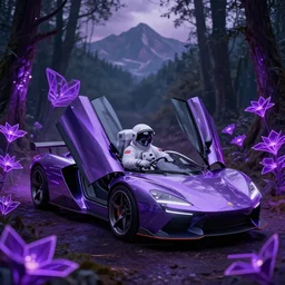 an astronaut sitting inside a supercar with butterfly winged doors open, in a forest of purple geometric neon flowers, mountains in background, 4 k, moody, dramatic, trending on artstation, award winning, photorealistic, volumetric lighting, octane render,