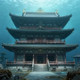 An ancient Japanese architectural building under the sea, 8k, very high detailed, cinematic, octane render, intricate