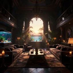videogame screenshot of a very dark dreamy luxury maximalist living room, saltwater tropical aquarium, candlelight, sunset glow, dark shadows, god rays, chiaroscuro, backlit, octane render, volumetric lighting, raytracing, symmetrical wide shot low angle
