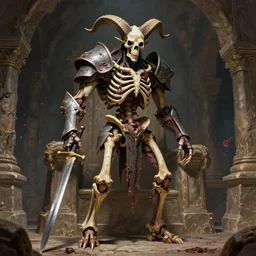 A spiked horned semiork-semihuman skeleton with armored joints stands in a large cavernous throne room with sword in hand. Massive shoulderplates. Extremely high details, realistic, fantasy art, solo, masterpiece, bones, ripped flesh, saturated colors, art by Zdzisław Beksiński, Arthur Rackham, Dariusz Zawadzki