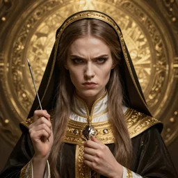 portrait of a beautiful female cleric with long hair and a angry face. And carry a long needle in his hands. Epic fantasy. beautiful. hyperrealism symetric face cinematic top lighting, insanely detailed and intricate, face by wlop, Charlie Bowater, golden ratio, symmetric, elegant, ornate, luxury, elite, matte painting, cinematic, trending on artstation, deviantart and cgsociety, 8k, high resolution