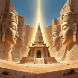 centered portrait of illustration, futuristic temple in the middle of the desert, faces in the wall, ancestral, intrincate, volumetric by jean giraud and moebius