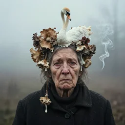 photographic portrait of wrinkly sad max ernst woman swan headdress dried melting floral fungus with spiraling cigarette smoke, in fog