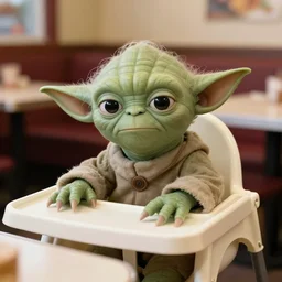 yoda, sitting in a high chair, behind a table, inside restaurant, annoyed, disgruntled, plastic cup with a straw sticking out, 3 5 mm, f / 2. 8