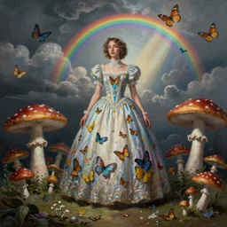 Inspired Tom Bagshaw, ultra realist soft paint of a curiosity carnival with mushrooms and butterflies, full long dress, focus, very intricate details, ominous sky, rainbow lighting, volumetric clouds, god rays
