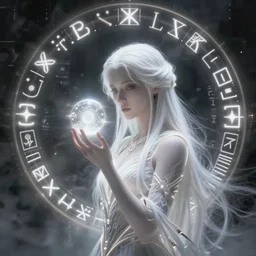 a beautiful white haired sorceress, glowing light orbs, intricate concept art, elegant, highly detailed, digital painting, smooth, sharp focus, illuminated lines, outrun, vaporware, illuminated runes, dark smoky background, cyberpunk darksynth, ethereal, ominous, misty, 8 k, by ruan jia and ilya kuvshinov and jeremy mann and alphonse mucha