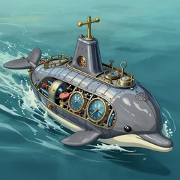 cross-section of a beautiful dolphin-shape clockwork submarine is surfacing, concept art, artstation, by Ghibli, 8k
