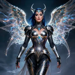 katie perry as a trans futuristic asguardian superheroine in intricate dark seraphim warrior armor. her seraphim wings glow energy, art by gaston bussiere, craig mullins, simon bisley