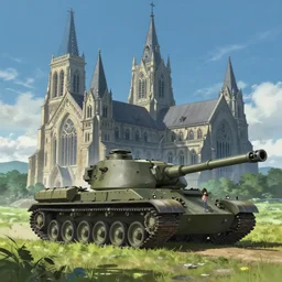 concept art of a huge church combined with a tank aka churchtank in an open field, key visual, ambient lighting, highly detailed, digital painting, artstation, concept art, sharp focus, by makoto shinkai and akihiko yoshida and greg manchess