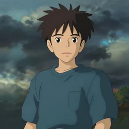 Friendly guy, dramatic stormy sky, made by Studio Ghibli highly detailed art, beautiful scene, sharp focus, smooth, 8k, anime art