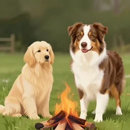 picture of an australian shepherd with a hillbilly with long blonde hair around a bonfire