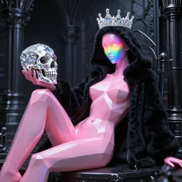 photo of baroque and bladerunner delicate neon sapphire sculpture of seductive onyx albino king adrien sahores geometric pink iridescent humanoid deity wearing black fluffy hoody holding diamond skull in a black metallic dungeon, reclining, glowing rainbow face, crown of white diamonds, cinematic lighting, photorealistic, octane render 8 k depth of field 3 d