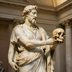 greek or roman sculpture in marble of a philosopher holding a skull, in a museum background, hyperrealistic photograph in the style of bernini, golden hour