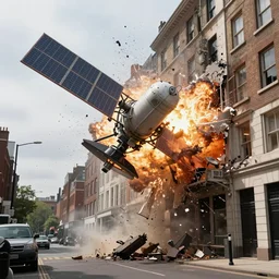 a giant satellite splash ,big impact hit on the building, explode and chaos, Holywood scene, full color, broken cars,scary picture, convincing