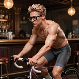 a small man wearing glasses & cycling shorts in a gay bar, elegant, real life skin, intricate, high detailed, artstation, concept art, smooth, sharp focus, art by artgerm and greg rutkowski