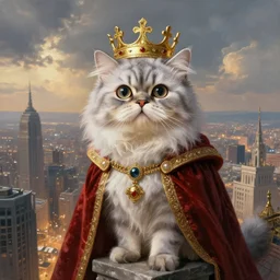 a fantasy painting of an anthropomorphic silver brindle persian cat dressed, big round eyes, as a renaissance king with crown in head, standing on a skyscraper overlooking a vast city, cinematic, beautiful lighting, dramatic