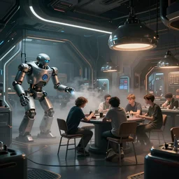 beautiful concept art by wadim kashin, interior shot, still from ready player one, teenager hangout spot, scifi robot repair workshop, darksynth, illuminated lines, outrun, vaporware, misty, unreal engine 5, cinematic lighting, beautiful specular illumination, misty, volumetric fog, 8 k