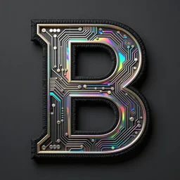 black matte refractive letter B with ornate chromatic foil overlay forming a geometric pristine computer circuitry with finely stitched smoky black silk with dense psychadelic rainbow details, dark grey rainbow color palette, atmospheric perspective, style of satoshi kon, style of jeff soto, style of peter mohrbacher