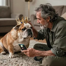 a graying middle aged homless man playing xbox and petting an english bulldog wearing a crown, dog wearing a crown