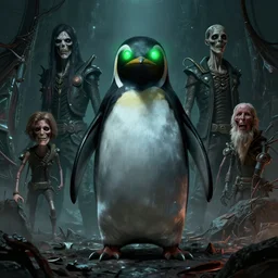 cyber penguin fallout 4, glowing green eyes, humanoid body, claws, horror scene, artgerm, rutkowski, tooth wu, beeple, and intricate