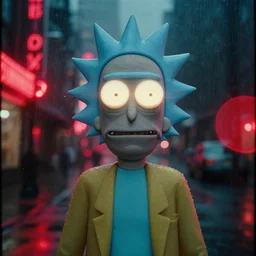 A hyper realistic and detailed head portrait photography Rick and Morty on a rainy day. by annie leibovitz. Neo noir style. Cinematic. Swirly bokeh. Red neon lights and glow in the background. Cinestill 800T film. Lens flare.