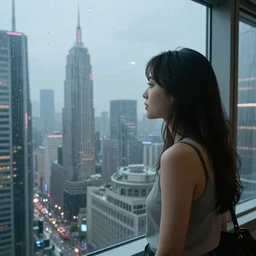 in the style of Vincent Di Fate and Chris Moore, a young beautiful attractive girl is looking out of a window at a vast futuristic city, the city fills the background, it is raining , very highly detailed, 8k, wallpaper