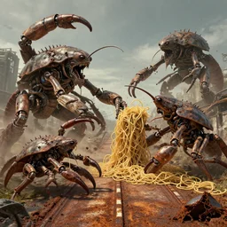 mech crustaceans crashing with each other, rust noodle roads, dystopia, fine art, cinematic, highly detailed, by wayne d barlowe