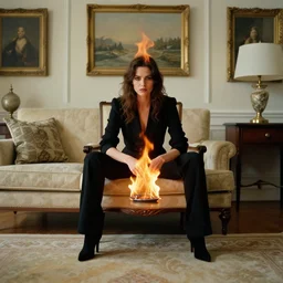 full color Photograph of a woman in flames while sitting in an elegant living room by Gregory Crewdson