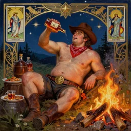 a dramatic, epic, ethereal painting of a !!handsome!! thicc mischievous shirtless !!cowboy!! with a beer belly wearing a large belt and bandana offering a whiskey bottle | he is relaxing by a campfire | background is a late night with food and jugs of whisky | homoerotic | stars, tarot card, art deco, art nouveau, intricate | by Mark Maggiori (((and Alphonse Mucha))) | trending on artstation